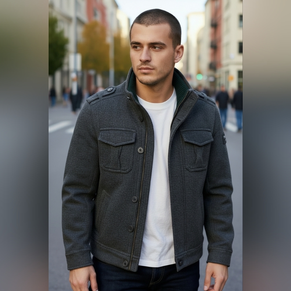 A&F Field Jacket Grey Wool Blend Thick Heavy Warm Retro Bomber Style Men’s XL